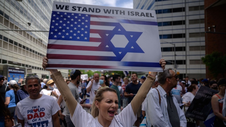 A pro-Israel woman is seen at a rally in New York City against anti-semitism.