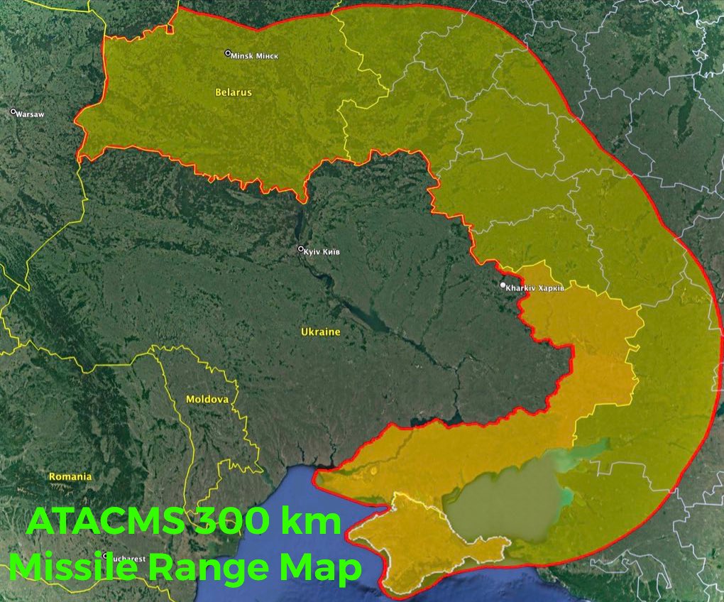 Ukraine Battle Map on Twitter: "Range of ATACMS 300 km missiles when fired from Ukraine's frontline ATACAMS will be able to hit targets in all of Ukraine even Crimea, most of Belarus,