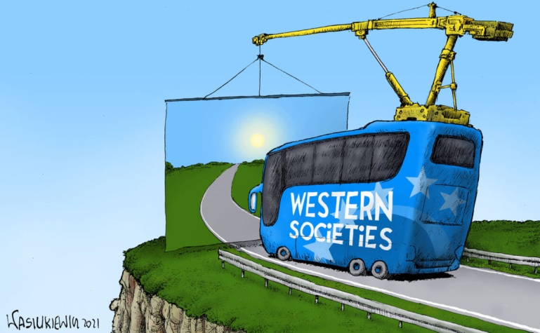 A cartoon that highlights the danger of self-delusion democratic countries Western elites