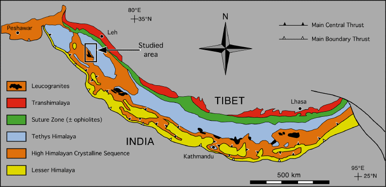Tectonic map of the Himalaya, modified after Le Fort & Cronin (1988). Red is Transhimalaya. Green is Indus-Yarlung suture zone, north of which lies Lhasa terrane, follow by Bangong-Nujiang Suture Zone and then Qiangtang terrane.