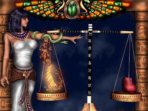 The Goddess of truth, Maat, balancing the scales of judgement of the heart against a feather. | Maat goddess, Egyptian gods, Egyptian goddess