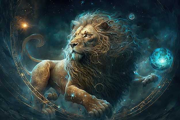 Premium Photo | Backdrop of sacred zodiac Leo symbols astrology alchemy magic sorcery and fortune telling generative AI digital painting Zodiac sign Leo on the starry sky close up