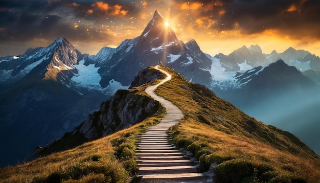 Illuminated path leading to success with a radiant mountain peak ahead | Premium AI-generated image